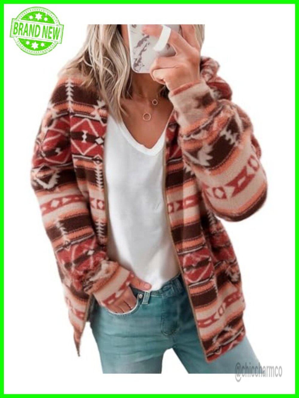 Western Aztec Print Sherpa Fleece Zip Up Hoodie Sweatshirt